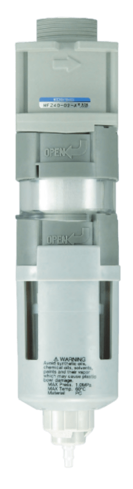 FRZ Air Filter FNZ (Rc or NPT thread. Filtered particle sizes 5 μm and 40 μm. The filter element condition can be inspected visually, making it easier to see when maintenance is required.