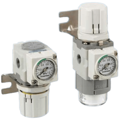 Koganei FRZ Regulators Rc or NPT Thread Mpa or PSI Gauge.  New-generation filter regulator. Elimination of fluid removal function for greater mounting direction freedom. Easy bowl attachment and detachment.